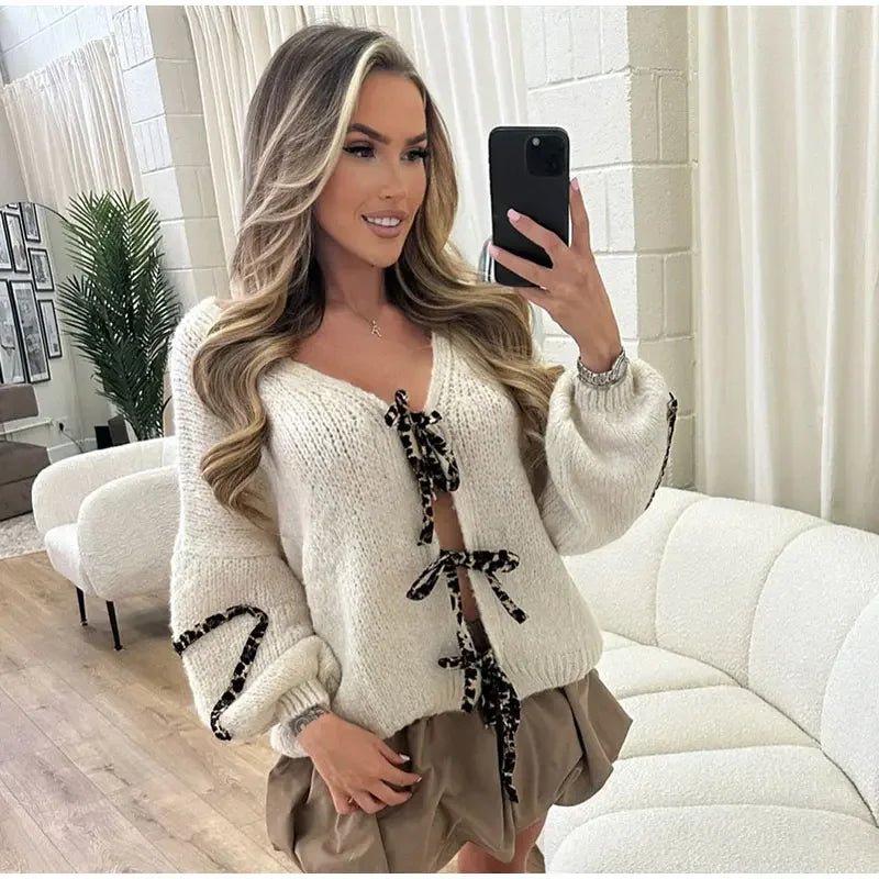 Aiertu     -  Fall Outfits 2026 Leopard Lace Up Cardigans Women Loose Long Lantern Sleeve V-neck Heart Print Patchwork Sweater 2026 Autumn Solid Female Knitwear Aiertu