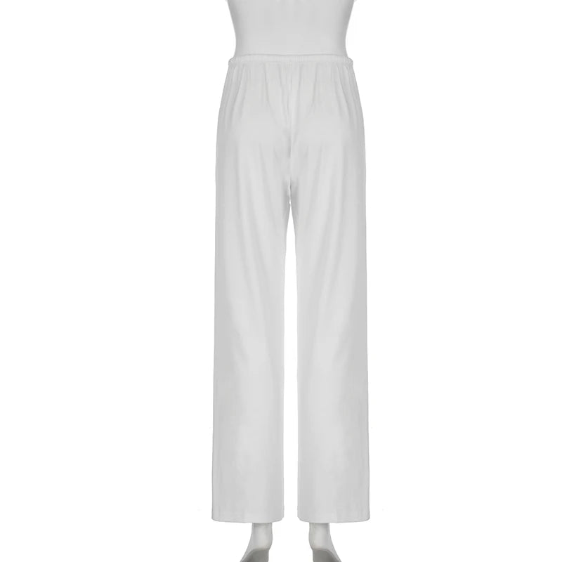 Aiertu  Casual Loose White Straight Leg Women Pants Homewear Sweatpants Shirring Basic All-Match Full Length Trousers Bottoms Aiertu