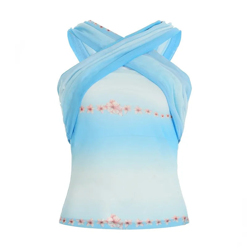 Aiertu  -  Two Piece Outfits Woman Tie Dye Floral Print Mesh Asymmetrical Skirt and Top Matching Sets Y2k Summer P67-EI28 Aiertu