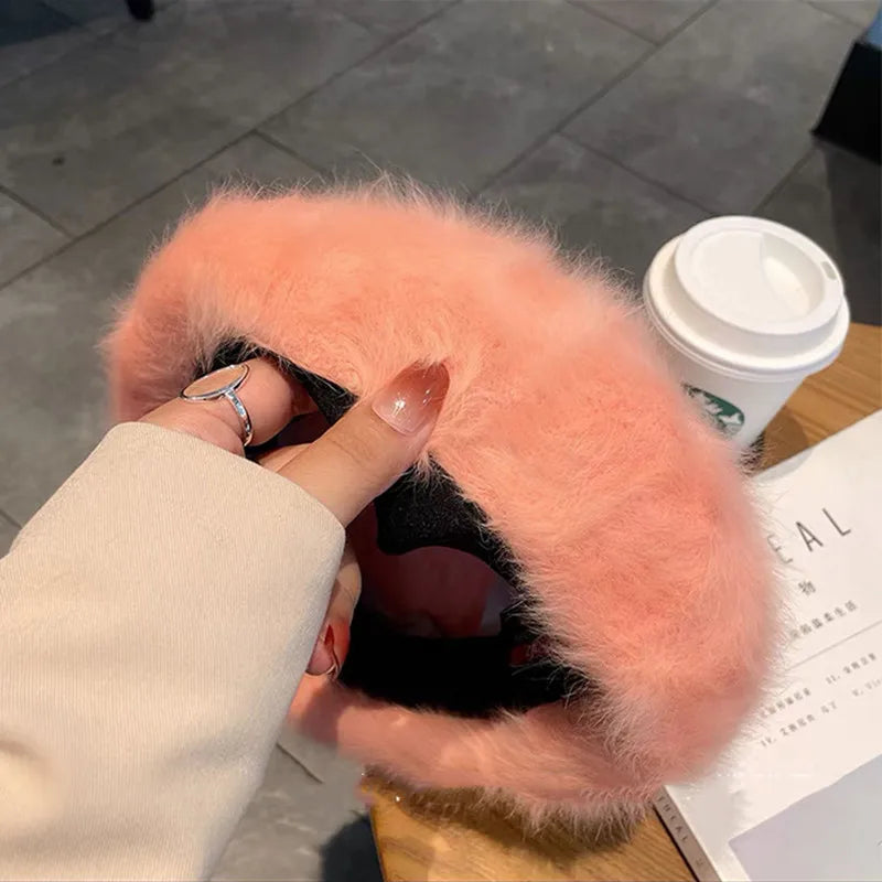 Aiertu  -  Winter Rabbit Fur Soild Color Beret Hats Women For Adjustable Elastic Band Warm Beret Elegant Soft French Artist Beanie Hat Girl Aiertu