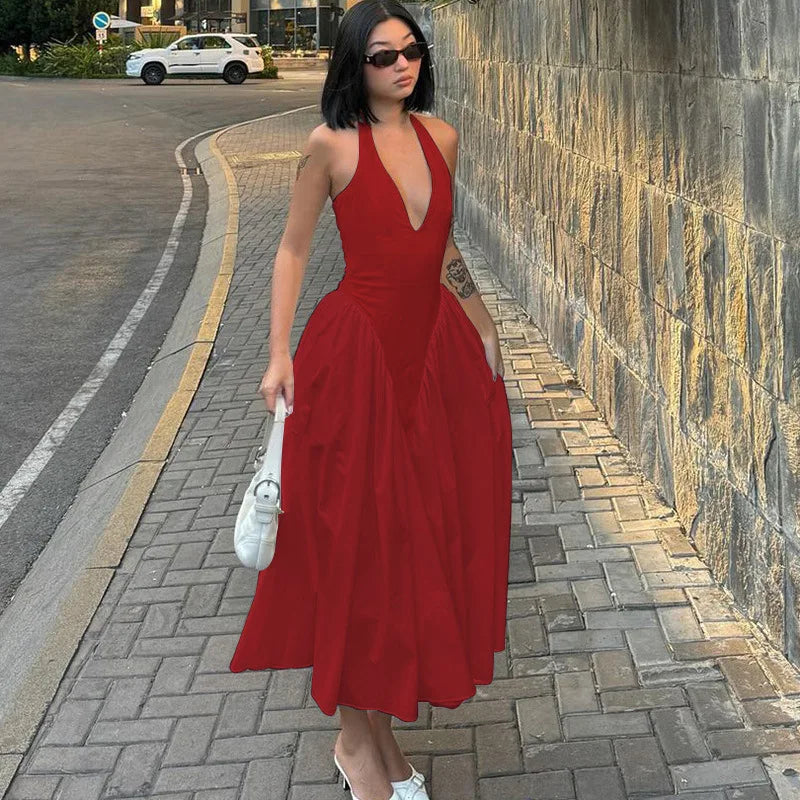 Aiertu  -  Sexy Deep V Hollow Halterneck Large Hem Dress For Women Solid High Waisted Backless Splice Summer New Vacation Long Dress Aiertu