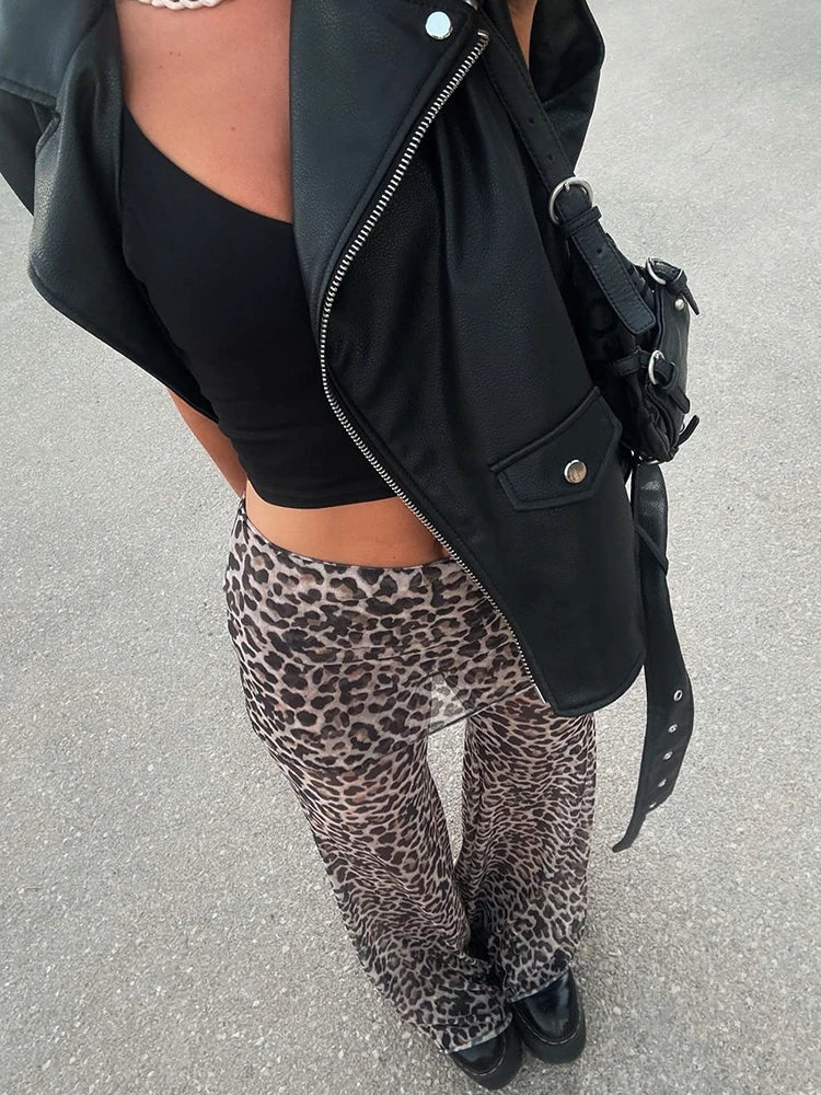 Aiertu  -  Sexy See Through Print Leopard Mesh Women Pant High Waist Flare Pant Female Spring Loose Casual Vacation Party Beachwear Aiertu