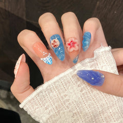 Aiertu  -  10pcs Almond Handmade False Nail Art Butterfly Flower Design Press on Fake Nails Tips Wearable French Colorful Mid-length Nails Aiertu