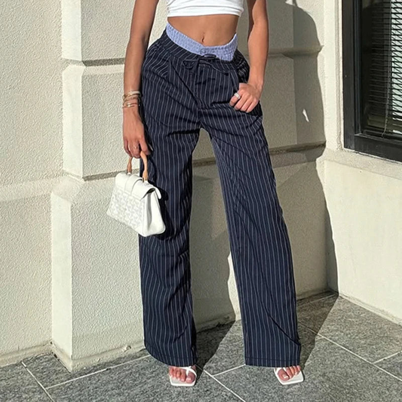 Aiertu  -  Contrast Hight Waist Patchwork Fashion Wide Leg Pants Striped Casual Loose Fit Straight Trousers Chic Y2K Streetwear Aiertu