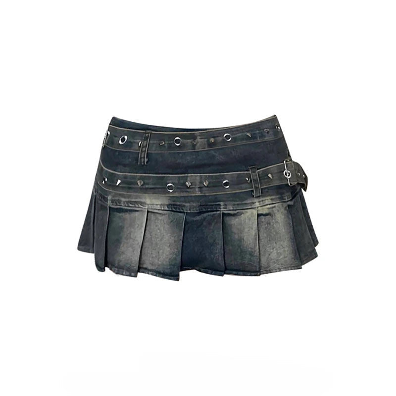 Aiertu  -  American Millennial Hot Girl Large Size Wash Heavy Work Double Belt Design Denim Pleated Skirt Women Fashion Design Skirt Aiertu