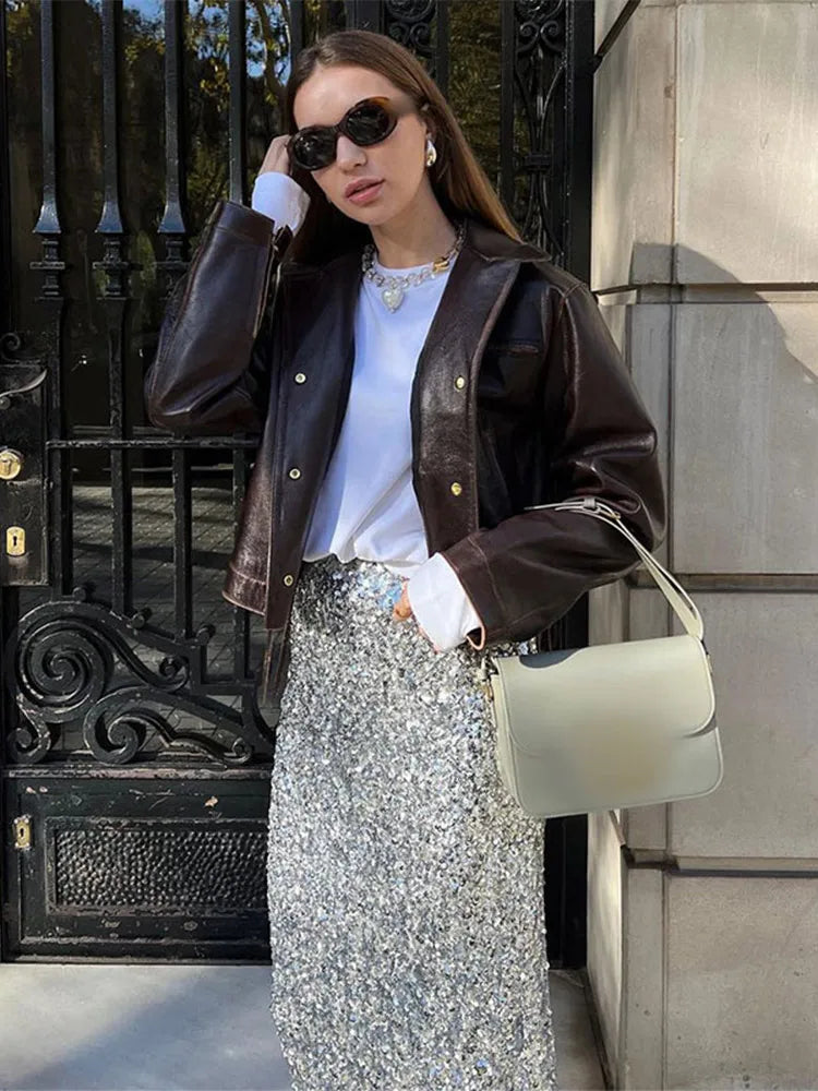 Aiertu  -  Fashion Pu Leather Brown Lapel Jacket Casual Long Sleeve Single Breasted Office Coat 2026 Autumn Chic High Street Lady Outwears Aiertu