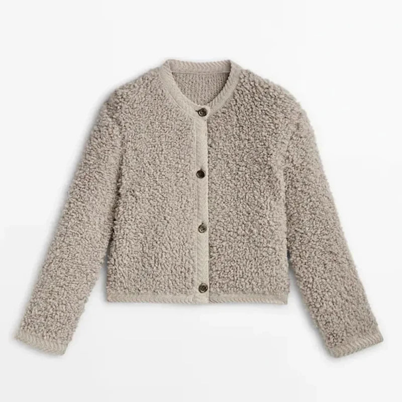 Aiertu  -  Elegant Lamb Wool Spliced Coats Women Casual O-neck Button Long Sleeve Female Jacket 2023 Autumn Winter Office Lady Commute Coat Aiertu
