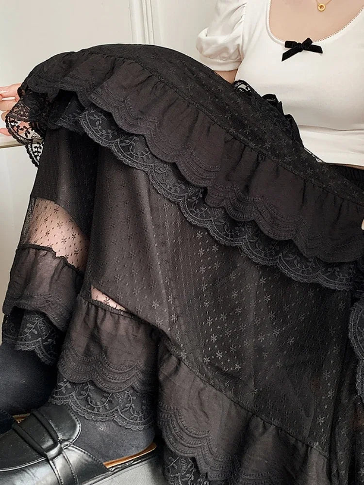 Aiertu  -   party look snspos White Black Mid Long Skirt Women Crochet Lace Skirt Goth Lolita Summer High Waist High Low Ruched Ruffle Pleated Skirts rok Aiertu