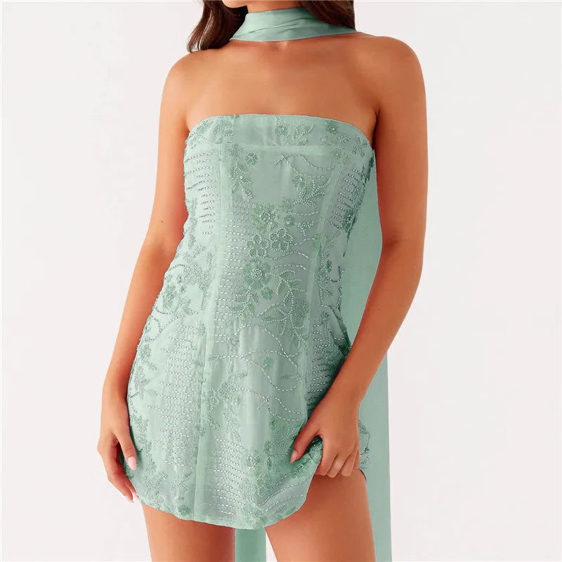 Aiertu  -  Women Sequin Strapless Mini Dress with Scarf Y2K Rhinestone Sleeveless Off Shoulder Dress Sexy Backless Club Party Dress Aiertu