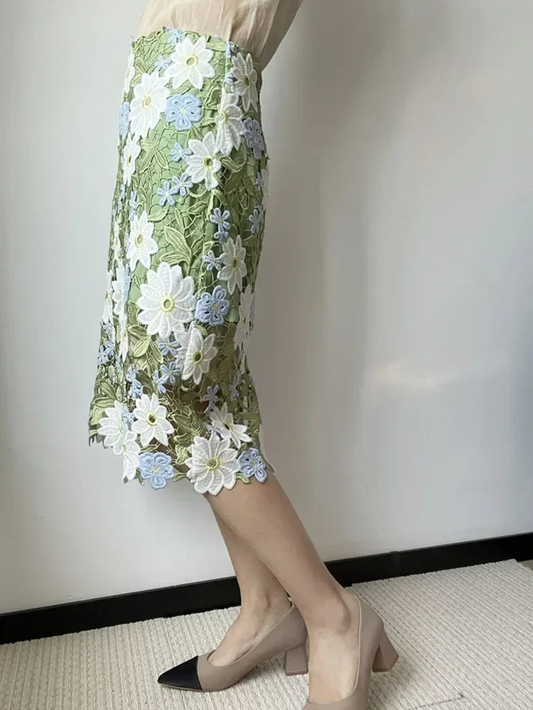 Aiertu  -  Floral-Embroidered Lace Green Pencil Skirts High Quality Hollow Out Knee-Length A-line Skirt Vintage Women Elegant Clothes Aiertu