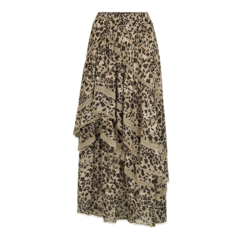 Aiertu  -  Summer New Leopard Printed Maxi Skirt Women's Ruffled Patchwork Fashion Loose High Waist Bandage Female Club Party Skirt Aiertu