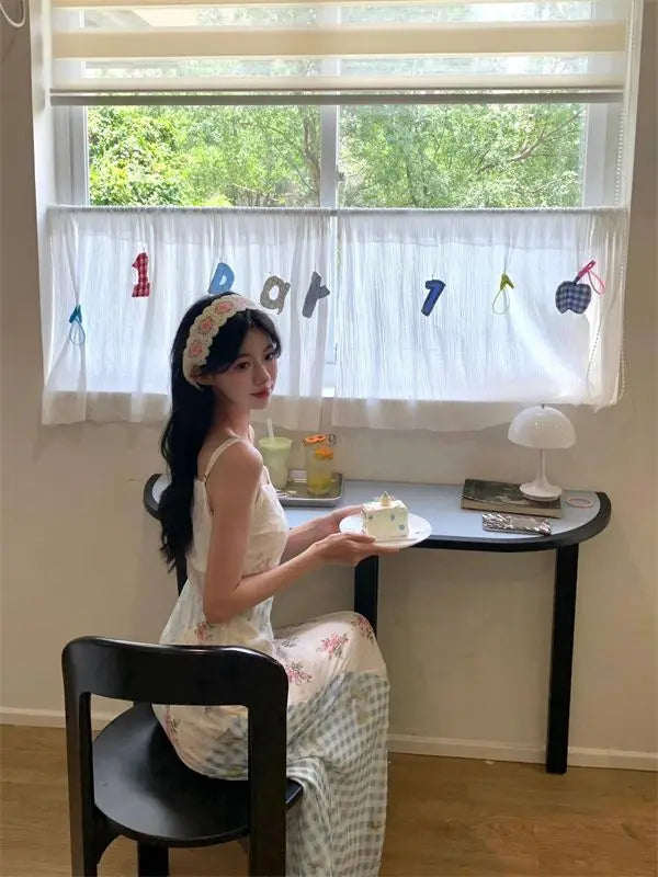 Aiertu  -  Summer Women Long Dress Sleeveless Patchwork Floral Gingham Spaghetti Strap Elegant Slim Maxi Dress Casual Vacation Beachwear Aiertu