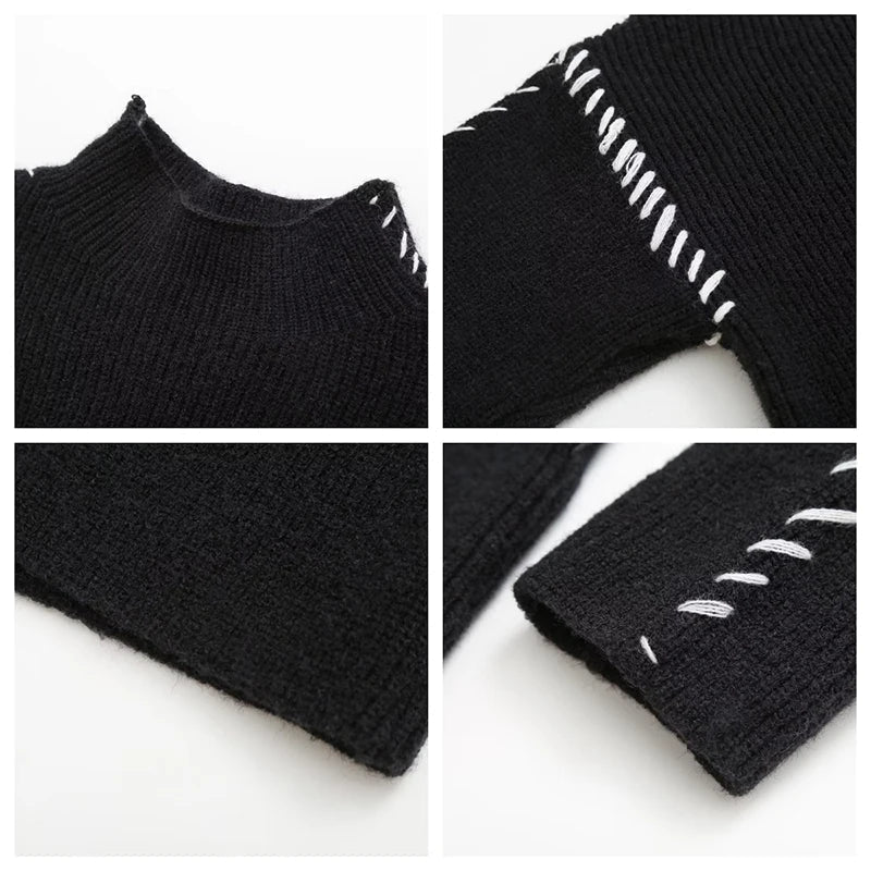 Aiertu  -  Contrast Patchwork Topstitch Sweater Female Pullovers 2026 Autumn Round Collar Warm Knitted Top Chic Long Sleeve Loose Aiertu