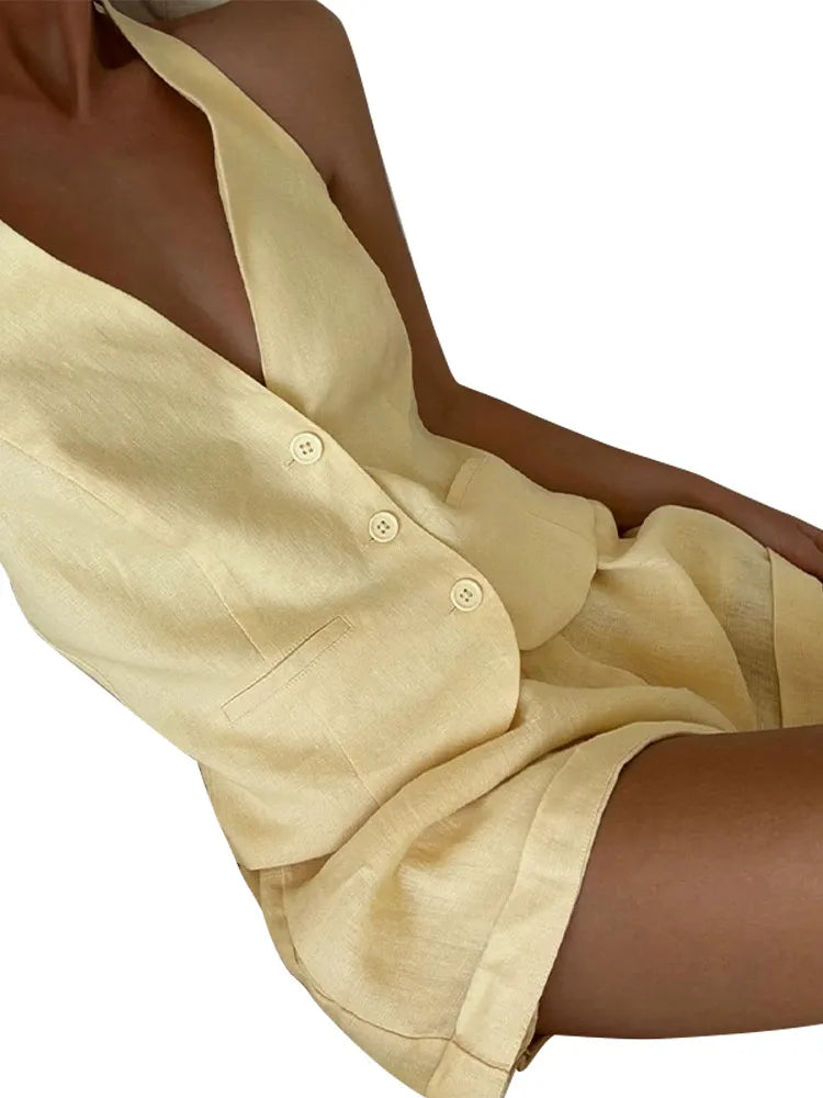 Aiertu  -  Lemon-yellow Halter Vest Short Set Women V-neck Single Breasted Sleeveless Waistcoat Lady Outfit Female Fashion Beachwear Aiertu