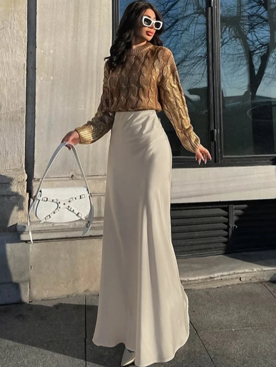 Aiertu  -  Women's High Waisted Solid Long Skirt Elegant Lce Silk Satin Slim Fit Skirt Fashion Office Lady Summer Long Skirt Aiertu