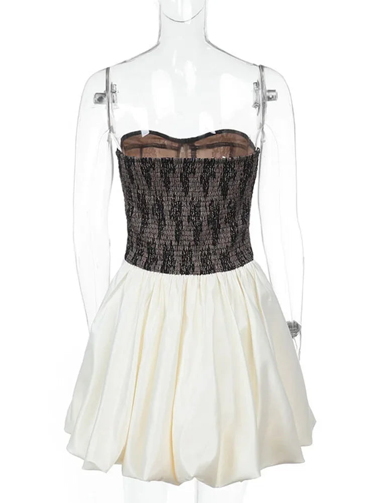 Aiertu  -  Splice Lace Strapless Dress Female Sexy Slim Contrast Color Folds Dress Spring 2025 New Casual Club Party  Women's Dress Aiertu