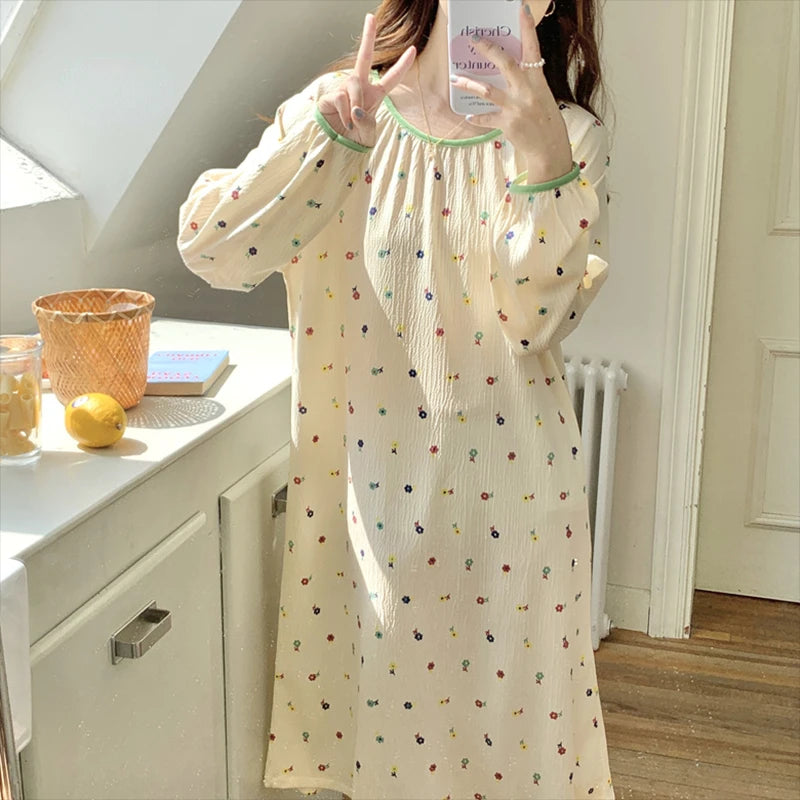 Aiertu Long Sleeve Nightgowns Women Floral Bow Temper Autumn Home Cozy Aesthetic O-neck Prairie Chic All-match Sleepwear Korean Style Aiertu