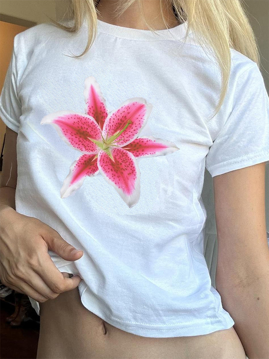 Aiertu  y2k Crop Top Women Baby Tee Floral Print Round Neck Short Sleeve T Shirt Fairycore Aesthetic 2000s Clothes Streetwear Aiertu
