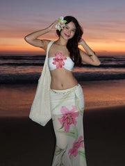 Aiertu  -  Vacation Pretty Women Two-Piece Set 3d Flowers Bandeau Mini Top+See Through Print Bottoms Beach Party Matching Suits Aiertu