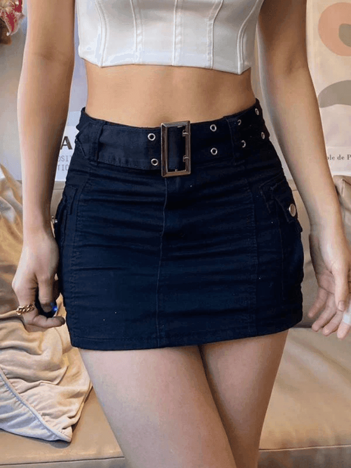 Aiertu  -Buckle Belt Denim Cargo Mini Skirt aiertu