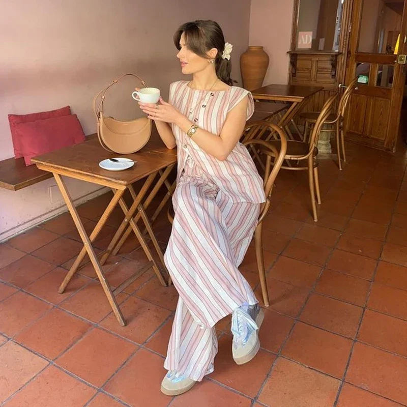 Aiertu  -  Elegant Striped Print Vest Pants Set Women Asymmetric Single Breasted Tops Wide Leg Trouser 2026 Summer Lady Casual Outfits Aiertu