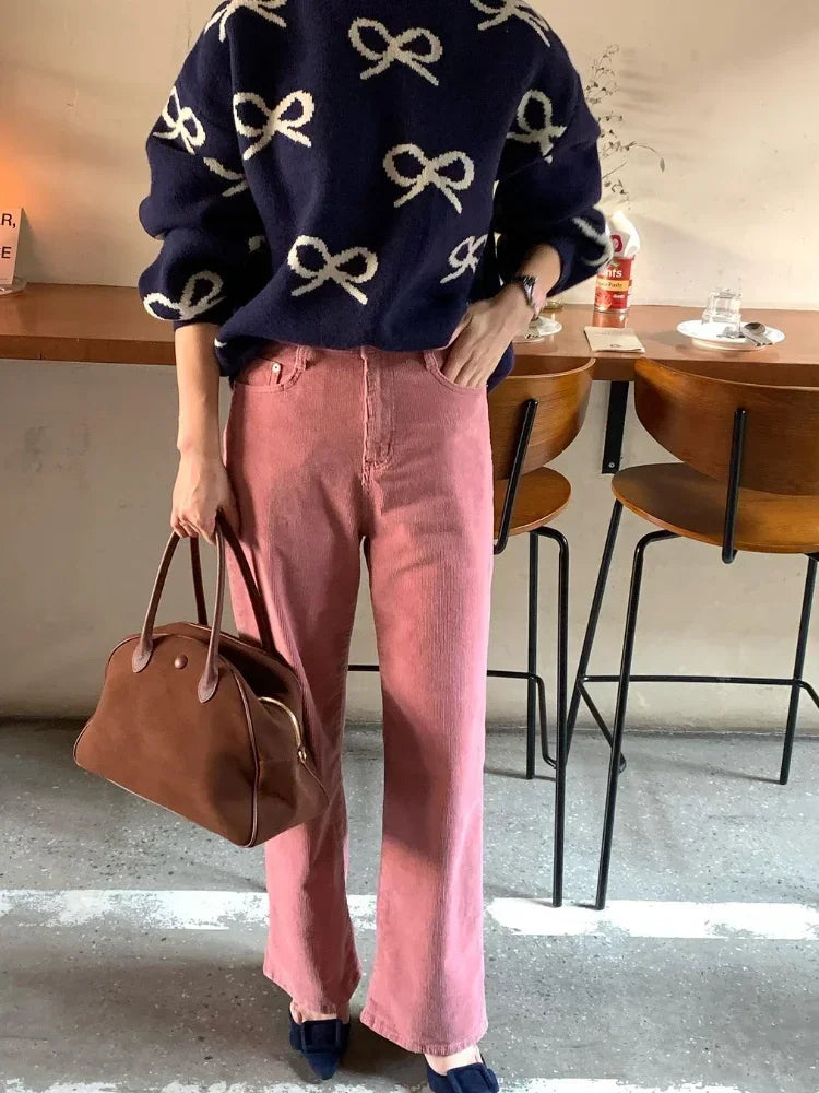 Aiertu  -  Elegant Bow Printed Women Knitted Sweater Fashion Round Neck Long Sleeves Oversized Pullover 2026 Warm Lady Commuting Tops Aiertu