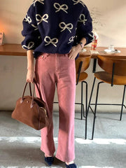 Aiertu  -  Elegant Bow Printed Women Knitted Sweater Fashion Round Neck Long Sleeves Oversized Pullover 2026 Warm Lady Commuting Tops Aiertu