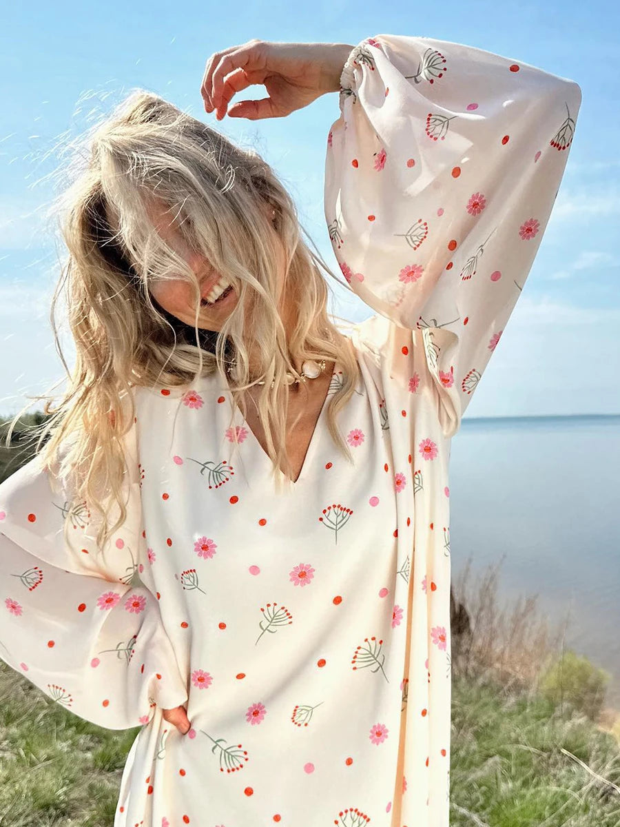 Aiertu  -  Women Printed Chiffon Dress Sweet Casual Summer Loose V-neck Beach Lace Up Long Skirts Fashionable Office Lady Dress Aiertu