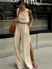 Aiertu  -  Elegant Solid Vest Pants Set Women O-neck Sleeveless Tops High Waist Side Split Trousers 2026 Summer Fashion Lady Office Outfit Aiertu
