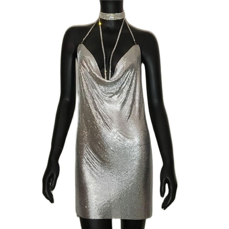 Aiertu Sexy Gold Sequined Patchwork Mini Dress Women Sleeveless Low Cut Metal Chains Halter Slim Charming Nightclub Party Dresses Aiertu