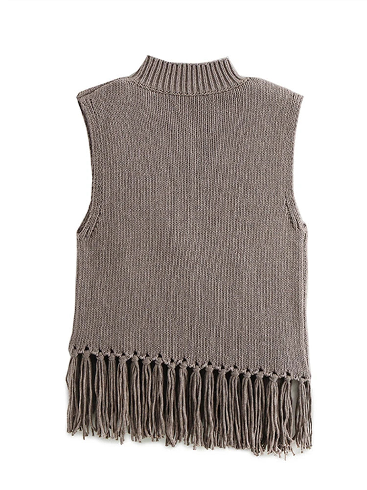 Aiertu  -  Tassels Knit Vests Women Casual Loose Half Neck Sleeveless Hollow Out Vest Female Fashion Solid Soft New Knitwears Lady Aiertu