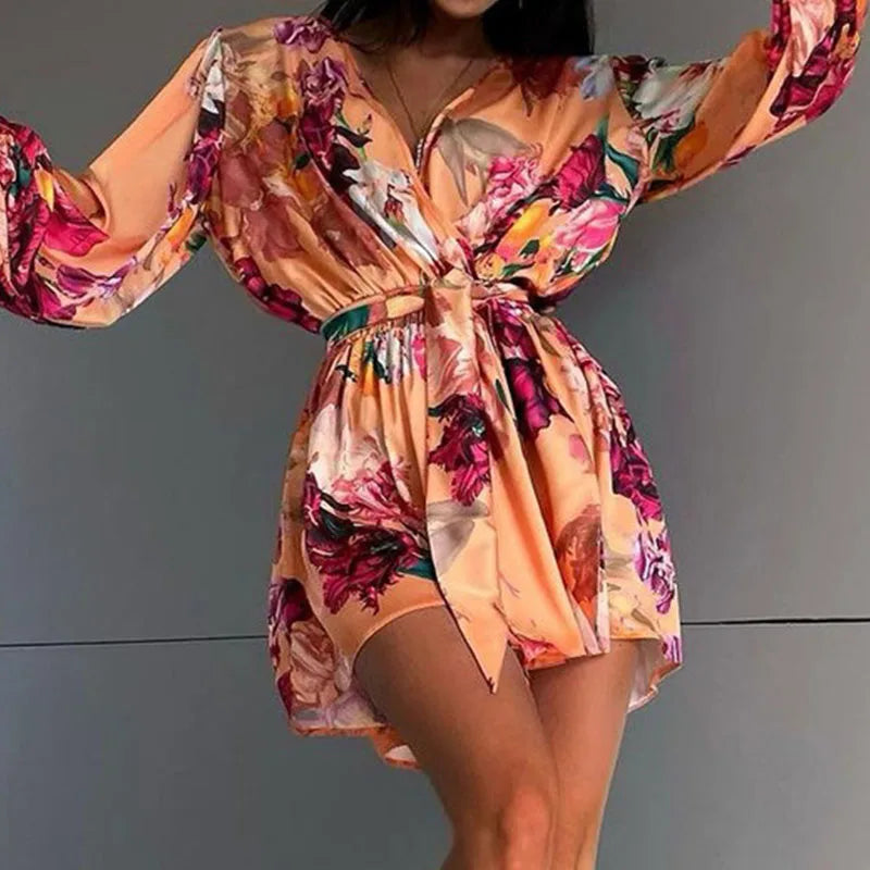 Aiertu  -  Spring Fashion Flower Print Short Jumpsuit Women Elegant V Neck Lace-up Romper Playsuits Autumn Long Sleeve Office Lady Overalls Aiertu
