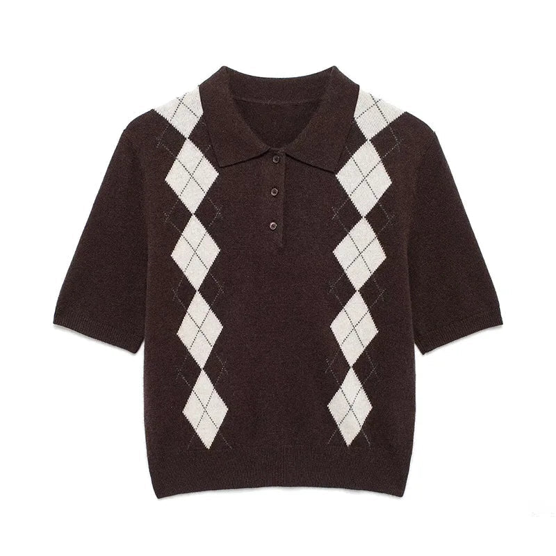 Aiertu  -  Knit Short-Sleeved Sweater Lapel Pullover Fashion Slimming Knitwear Casual Minimalism Warm Short Shirt Women T-Shirt Aiertu
