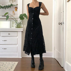 Aiertu - Lace Button Front Black Maxi Dress Aiertu