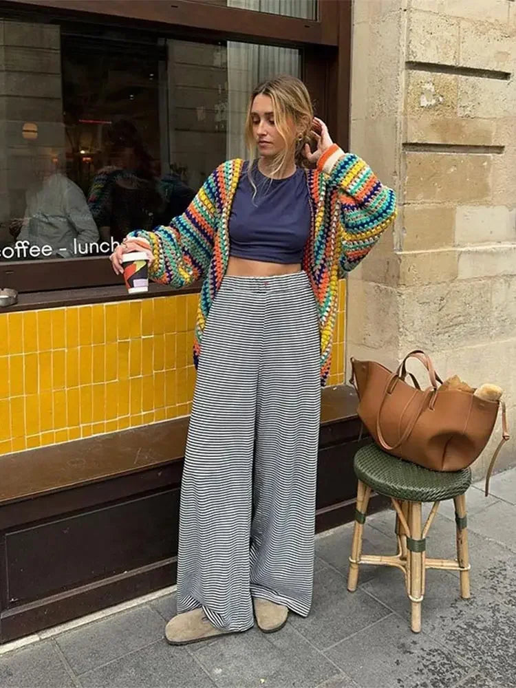 Aiertu  -  Women Fashion Colorful Stripes Crochet Knitted Cardigan Elegant Long Sleeves Open Front Sweater Coat 2026 Autumn High Streetwear Aiertu