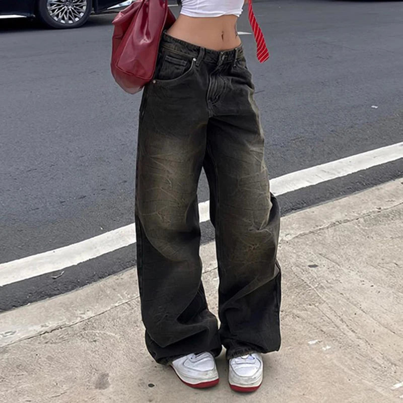 Aiertu Low Waist Jeans for Women Goth Y2k Style Baggy Jeans Punk New Jeans Wide Leg Denim Pants Kpop Casual Loose Streetwear Aiertu