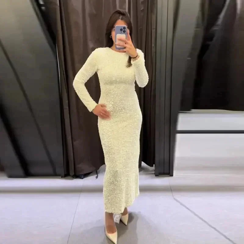 Aiertu  -  Elegant Detachable Full Sleeve Sequined Dress Women Slim O-neck Solid Long Party Dresses Autumn Lady Chic Shining Evening Robes Aiertu