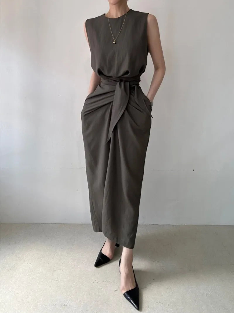 Aiertu  -  Sweet Hot Girl Pure Sexy Twist Lace-up Dress Women's Autumn Slim Sleeveless Long Dress Fashion Female Clothes Aiertu