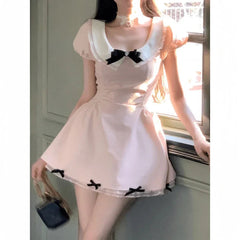 Aiertu  -  Elegant Short Sleeve Kawaii Mini Dress Women Casual 2000s Vintage Y2k Clothing Japanese Sweet Pink Dress Evening Party Chic Aiertu