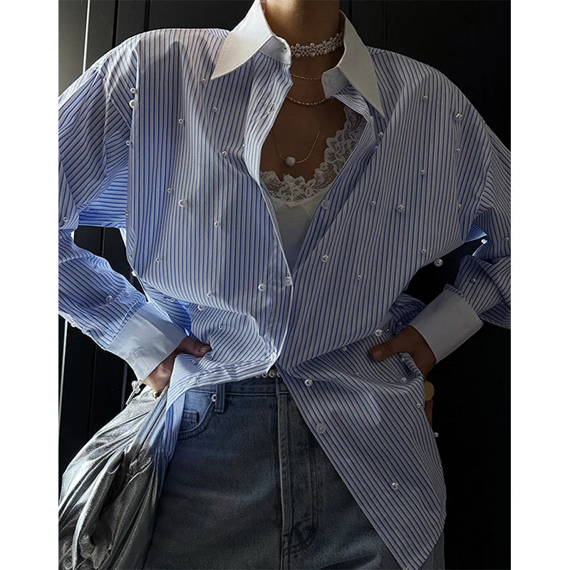 Aiertu  -  Elegant Striped Shirts Women Fashion Beading Patchwork Blouses Office Ladies Korean Oversize Long Sleeve Design Tops New Aiertu