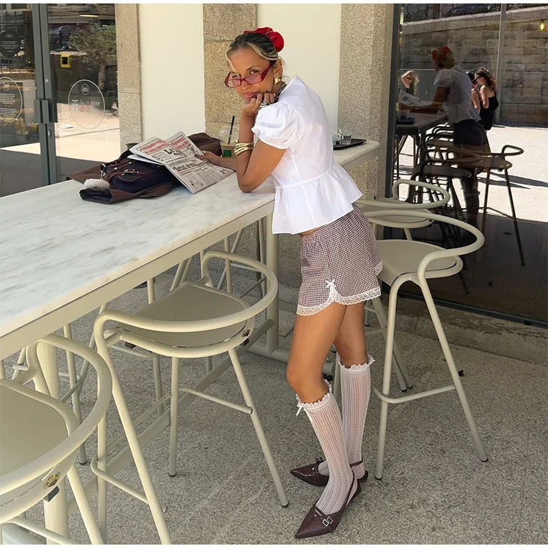 Aiertu  -  Elegant White V-neck Lace Up Shirt Women Retro Puffy Short Sleeve Waist-cinching Shirts Female 2025 Spring Chic Street Lady Tops Aiertu