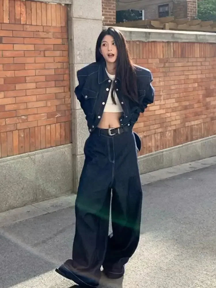 Aiertu  -  Sweet Hot Girl Retro Suit Women's Spring and Autumn Slim Fit Denim Short Shirt Loose Wide Leg Pants Two-piece Set Female Clothes Aiertu