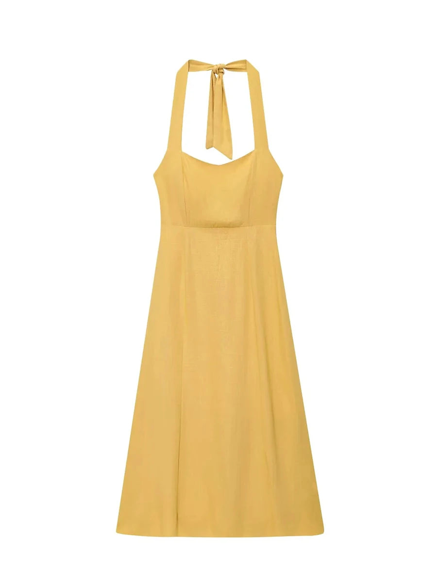 Aiertu  -  Solid French Retro Dress for Women Halter Sleeveless High Waist Backless Temperament Party Midi Dresses Female New Aiertu