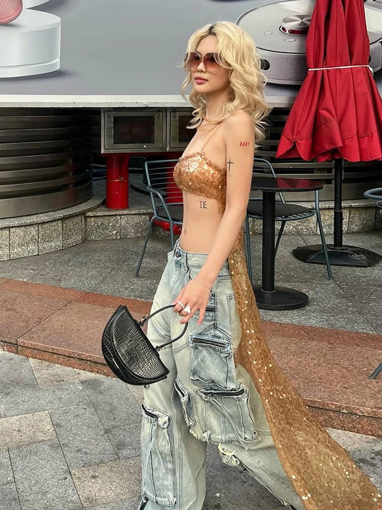 Aiertu  -  Vacation Shiny Sequins Extra-Long Camisole Women 2025 Y2K Summer Trend Backless See Through Hem Wild Fashion Outfits Aiertu