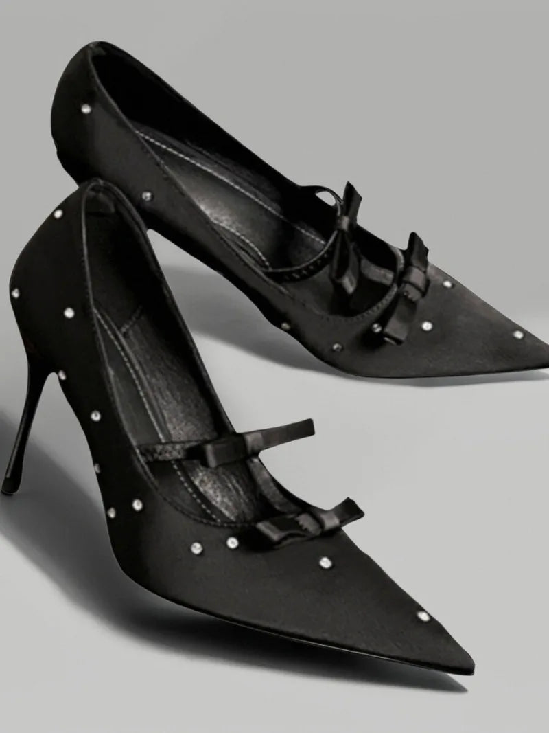 Aiertu    -  New Thin Heel Shallow Mouth Single Shoes Banquet Fashion Bow Pointed Water Diamond Silk High Heels Aiertu