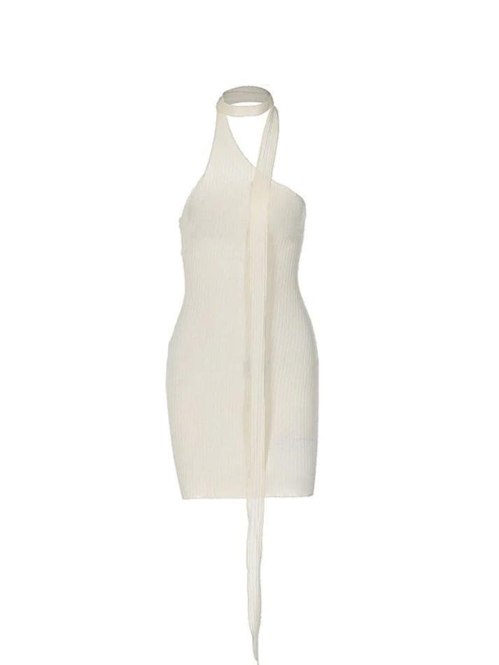Aiertu  -Slanted Shoulder Backless Ribbon Slim Mini Dress aiertu