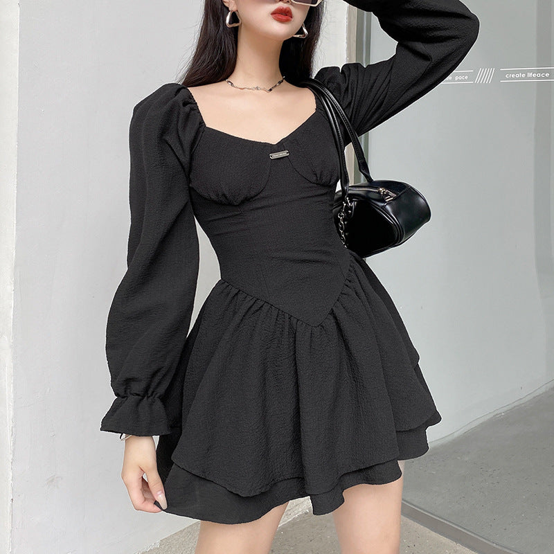Aiertu - Temperament Square Neck Puff Long Sleeve Double Short Skirt Dress Aiertu