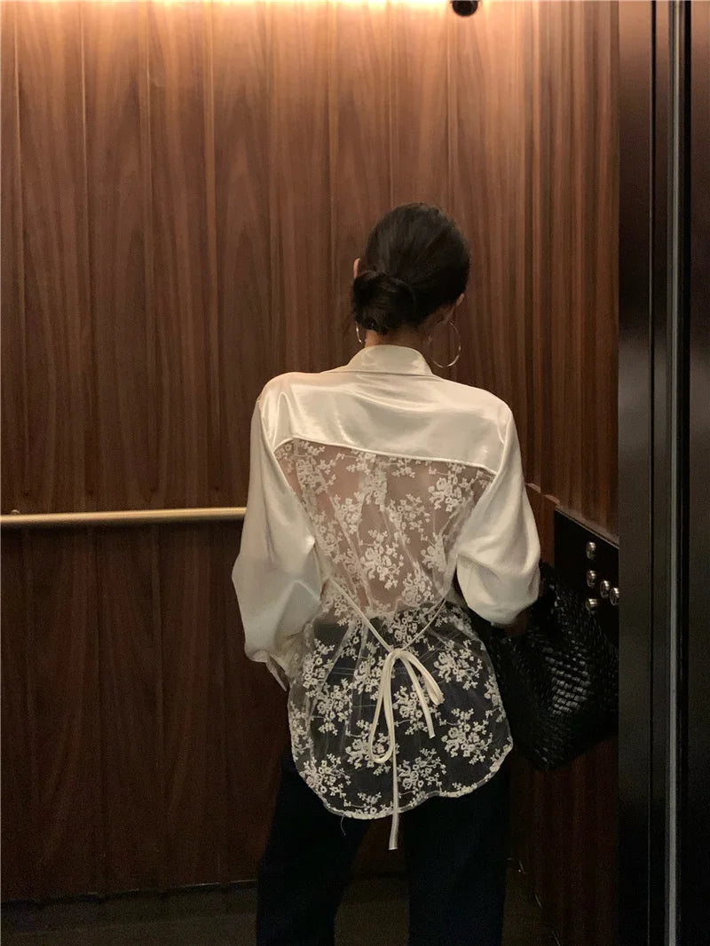 Aiertu  Elegant Shirts Women Vintage Sexy Lace Backless Bandage Blouses Summer Korean Hollow Out Long Sleeve Design Casual Tops Aiertu