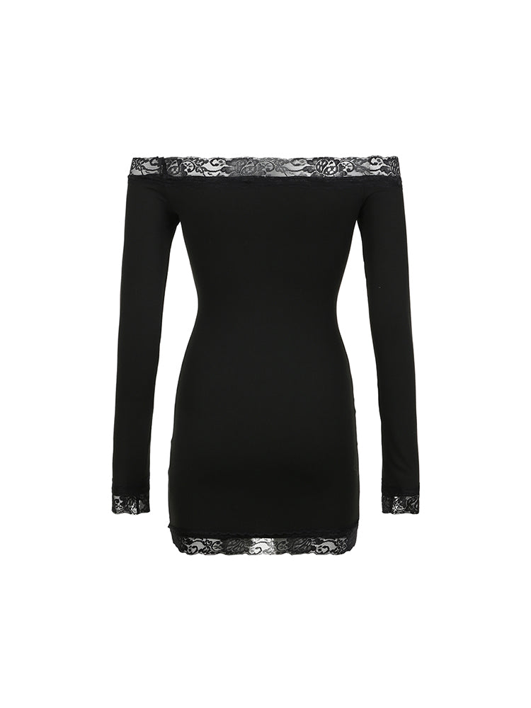 Aiertu - summer inspo Solid Slim Lace Trim Off Shoulder Long Sleeve Black Short Dress Women Elegant Sexy Party Dresses Aiertu