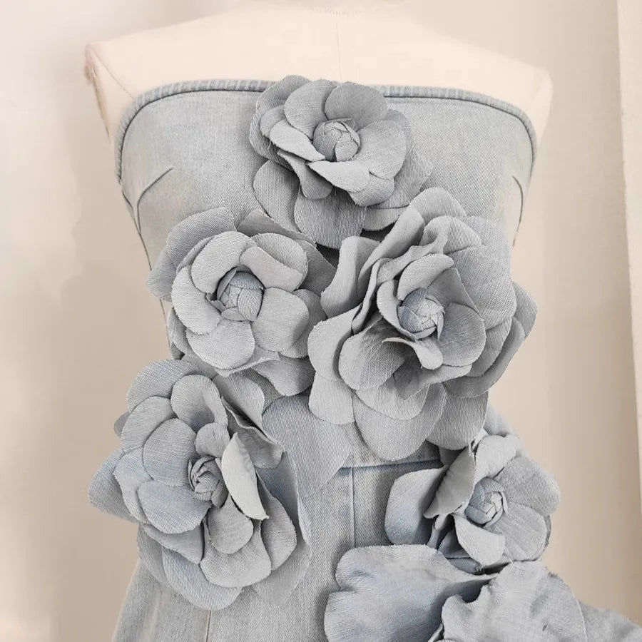 Aiertu  -  3D Appliques Flower Strapless Demin Jumpsuits For Women Off Shoulder Sleevelss Solid Color High Waist Full Length Overalls New Aiertu